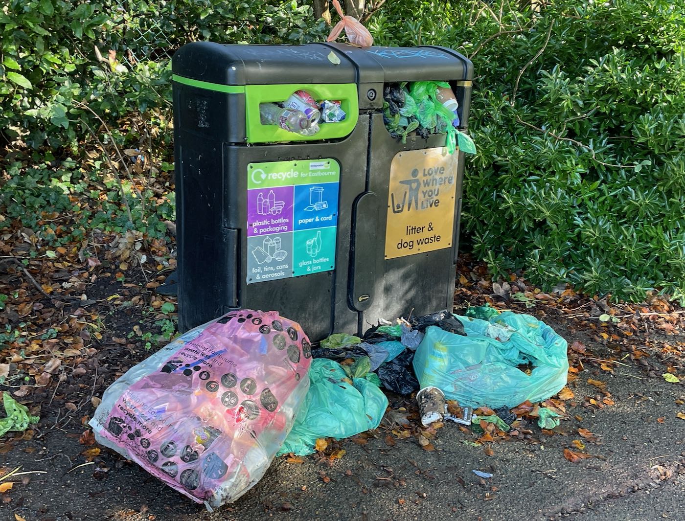An overflowing litter bin with three sacks of rubbish next to it