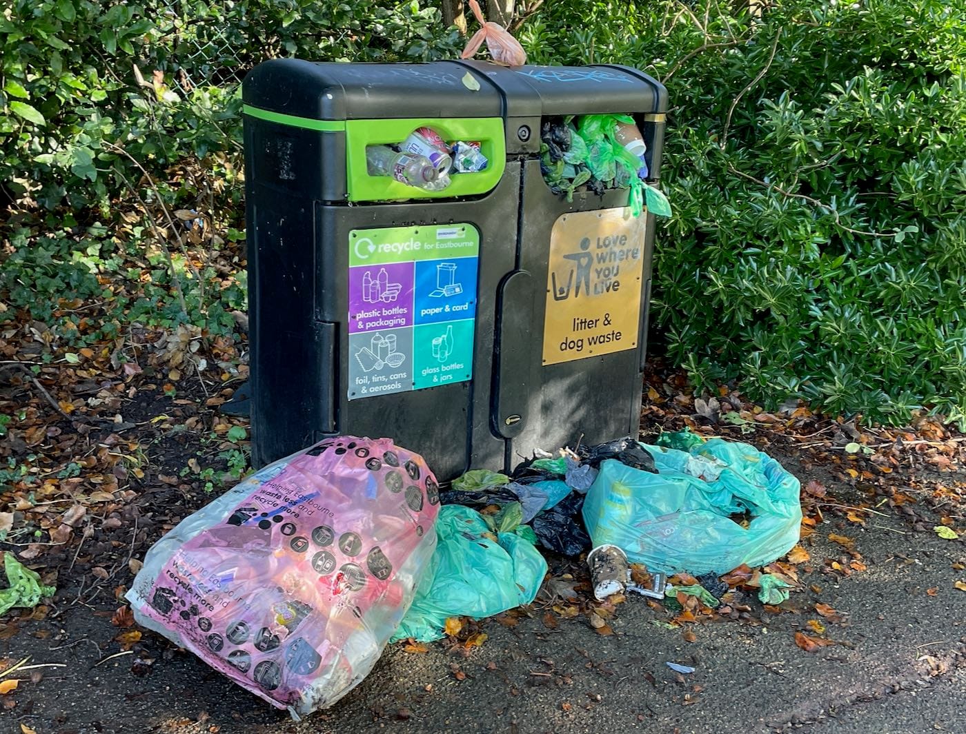 An overflowing litter bin with three sacks of rubbish next to it